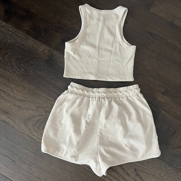 White Fox Boutique Cream Ribbed Tank and Shorts Set - Picture 2 of 2